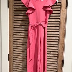 GB Girls Pink Ruffle Sleeve Jumpsuit Size 7 Tie Waist Wide Leg